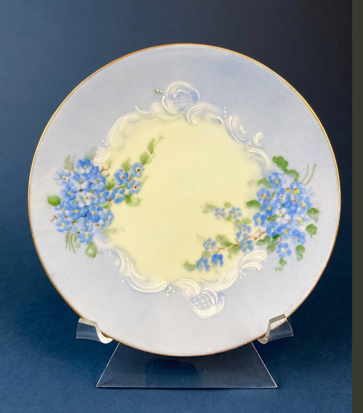 Forget me Not Set of Cup, Saucer, Dessert or Salad Plates, and Dinner Plates. Antique Hand Painted Porcelain Dishes. Breakfast Set. - Tampa Home & Garden Store