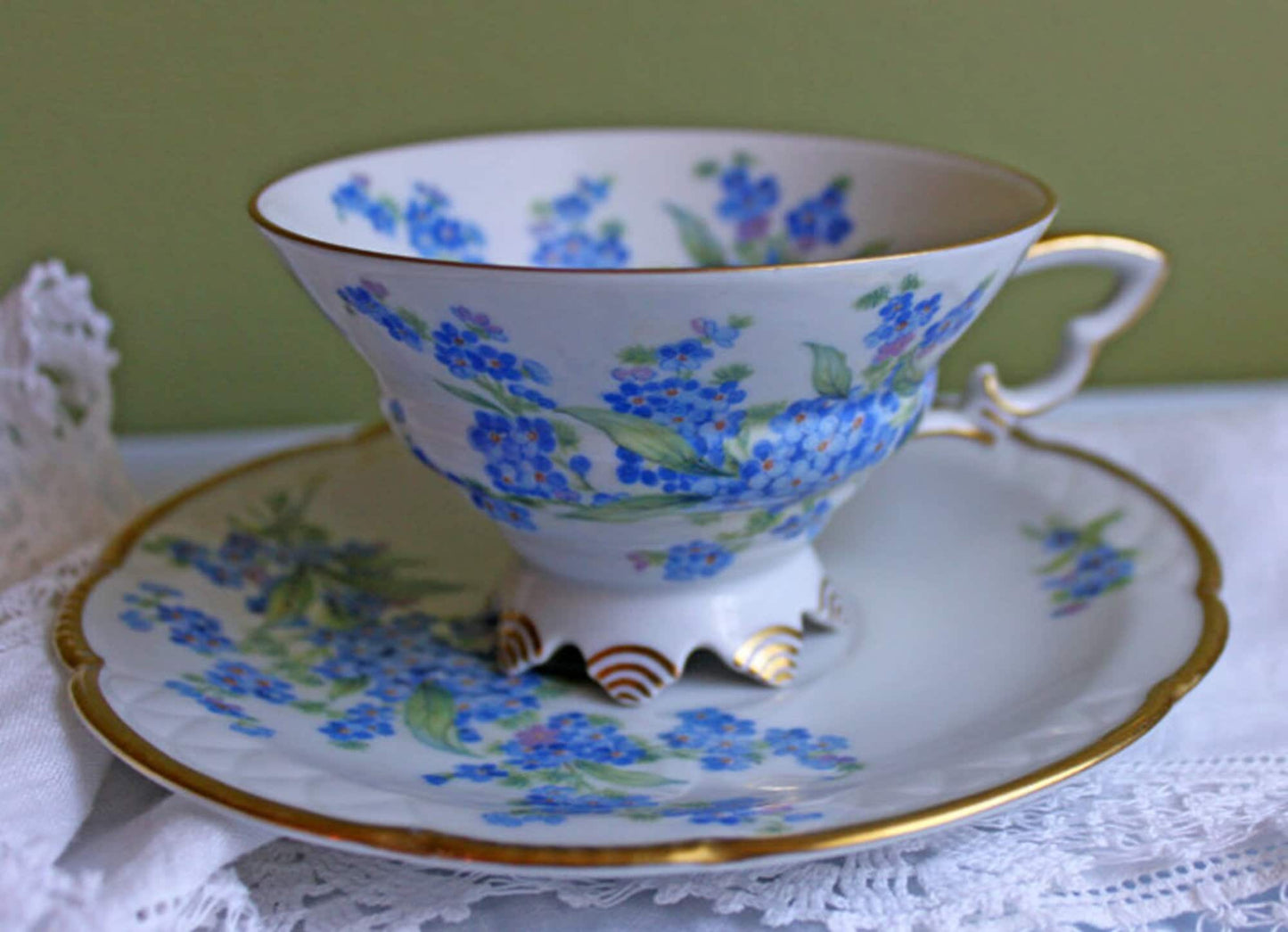 Forget me Not Set of Cup, Saucer, Dessert or Salad Plates, and Dinner Plates. Antique Hand Painted Porcelain Dishes. Breakfast Set. - Tampa Home & Garden Store