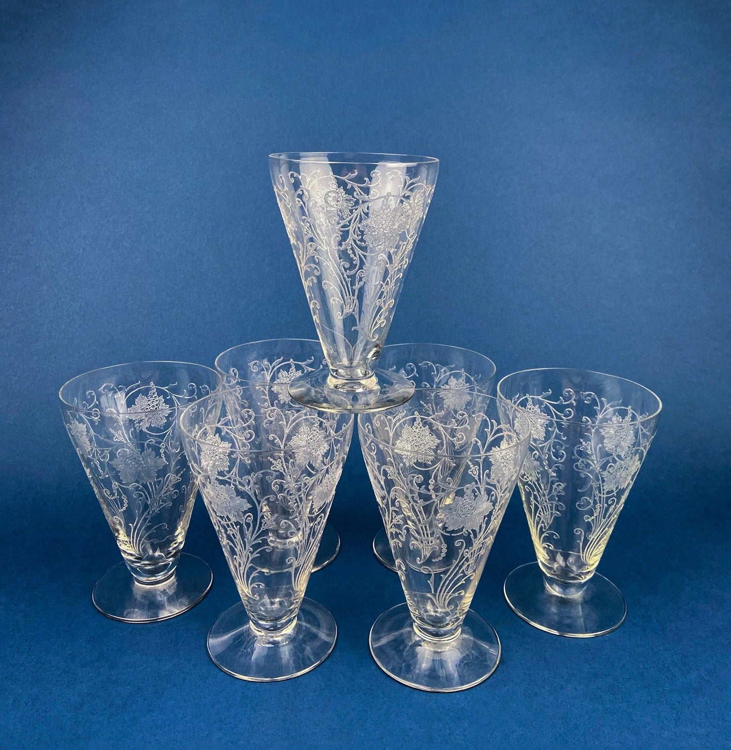 Fostoria Ice Tea Footed Tumblers. Etched Woodland Pattern. Vintage Fostoria Crystal Glasses. Set of 7 Stemware. Collectible Glass. - Tampa Home & Garden Store