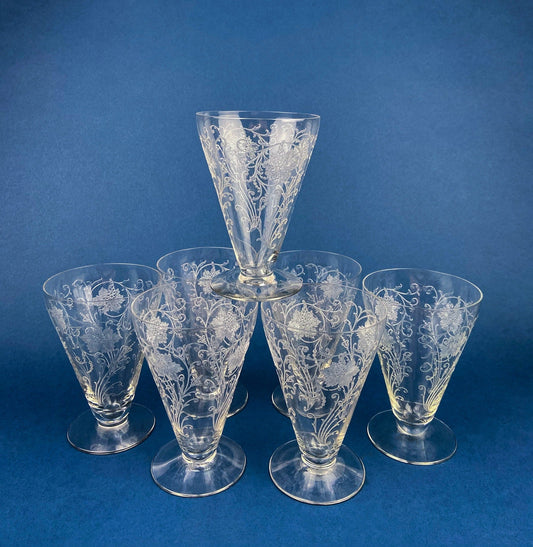 Fostoria Ice Tea Footed Tumblers. Etched Woodland Pattern. Vintage Fostoria Crystal Glasses. Set of 7 Stemware. Collectible Glass. - Tampa Home & Garden Store