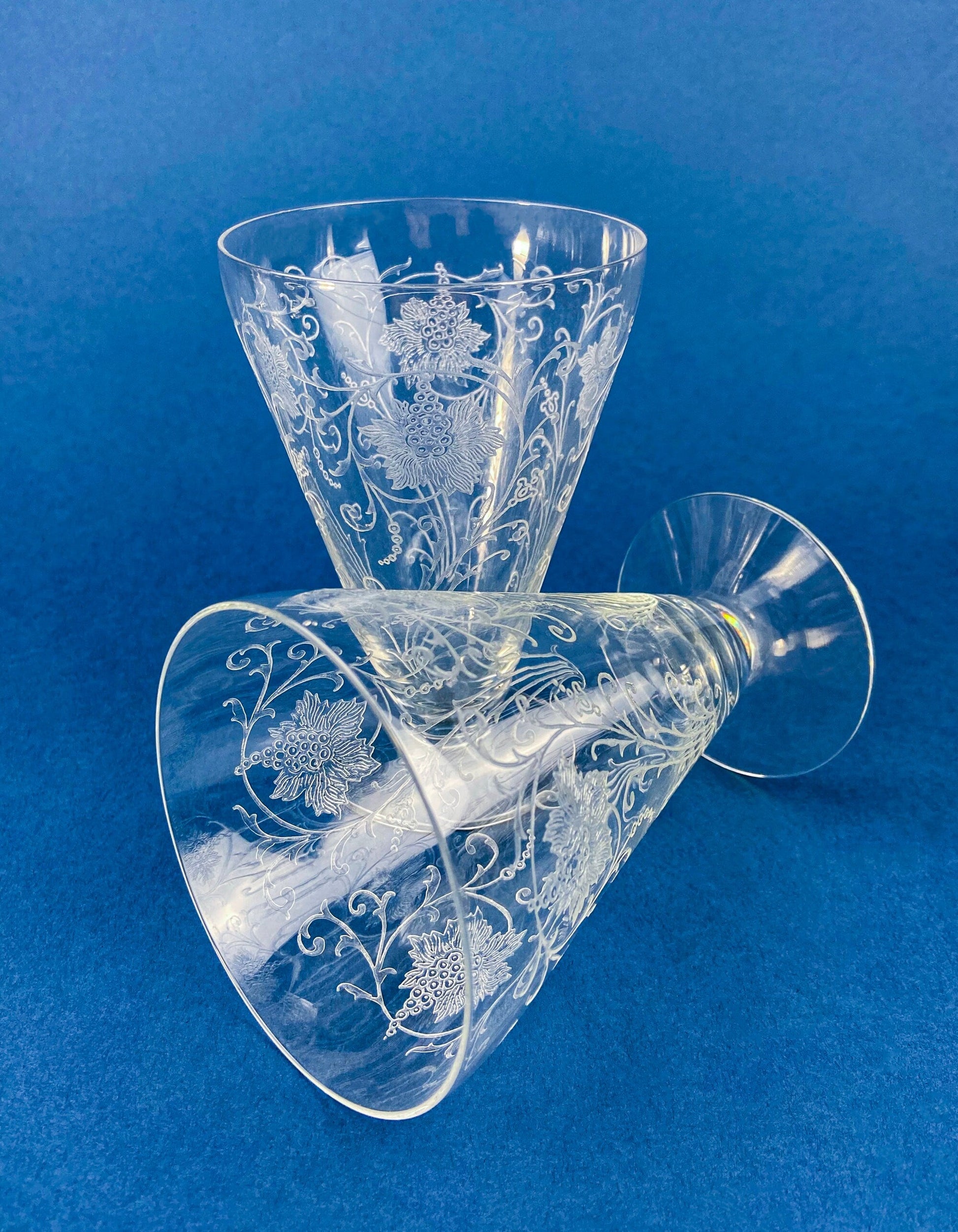 Fostoria Ice Tea Footed Tumblers. Etched Woodland Pattern. Vintage Fostoria Crystal Glasses. Set of 7 Stemware. Collectible Glass. - Tampa Home & Garden Store