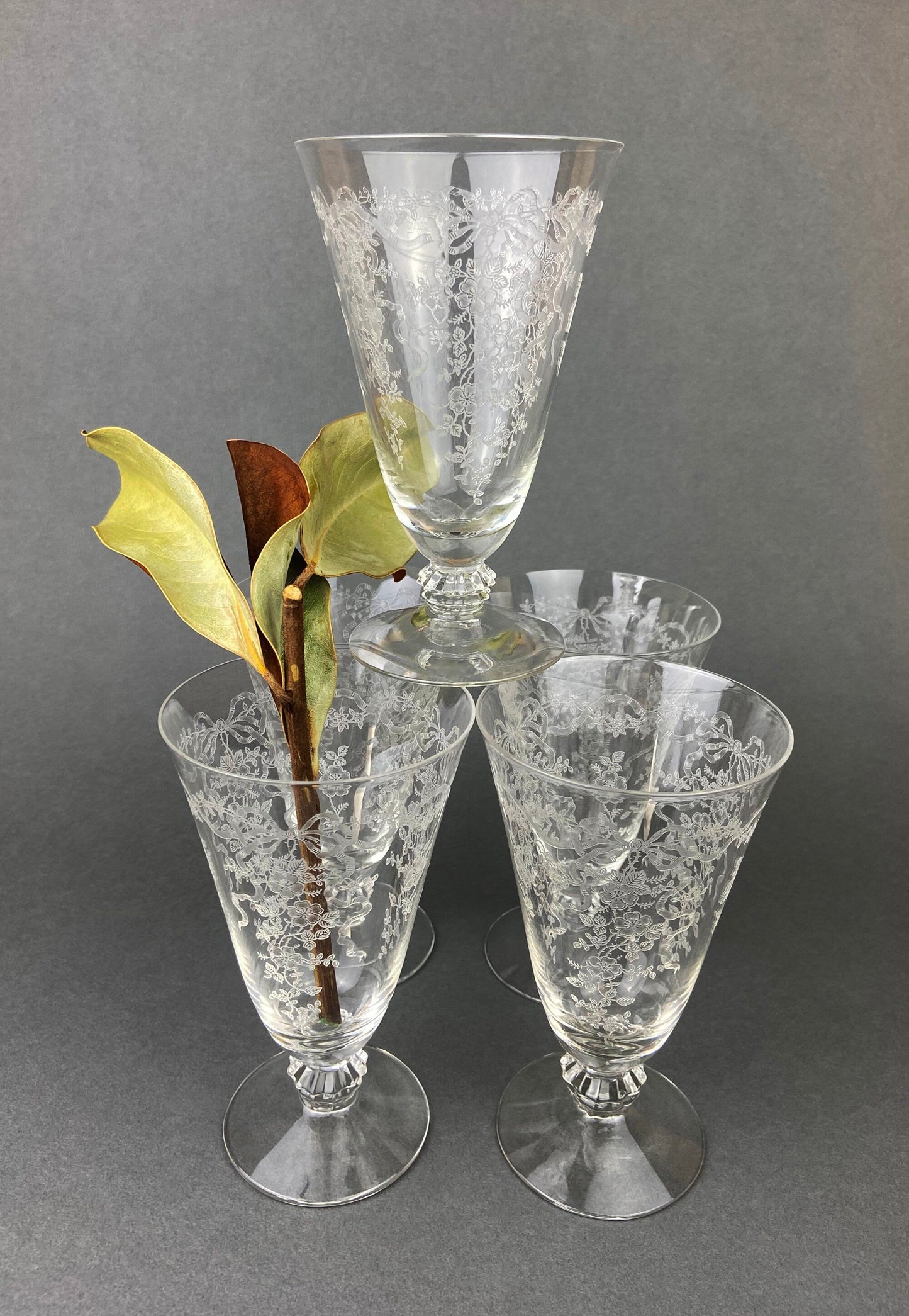 Fostoria Ice Tea Footed Tumblers. Etched Woodland Pattern. Vintage Fostoria Crystal Glasses. Set of 7 Stemware. Collectible Glass. - Tampa Home & Garden Store