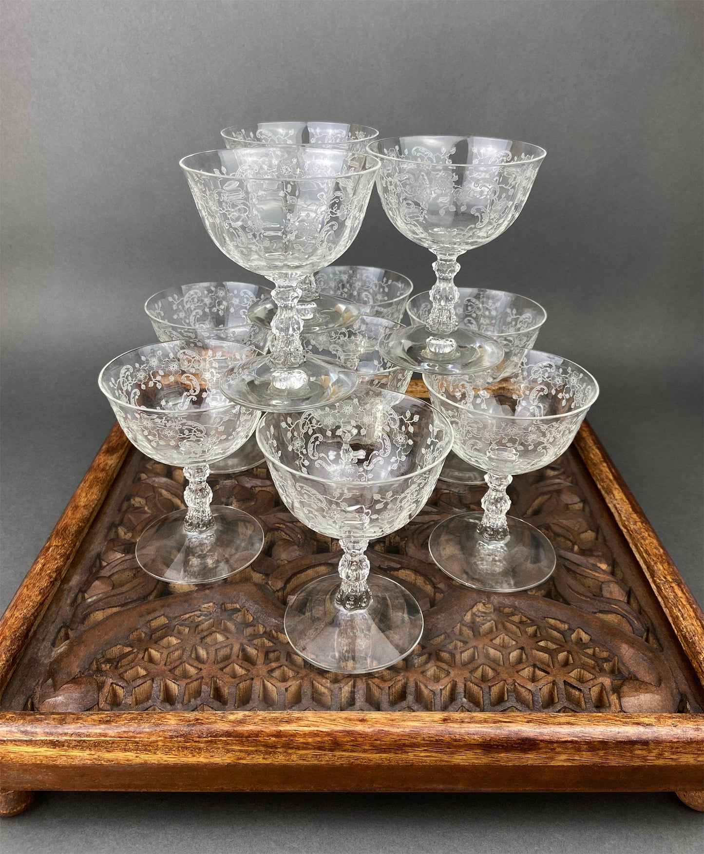 Fostoria Low Sherbet Glasses.  Etched Meadow Rose Motif.  Set of Ten Vintage Wine or Dessert Glasses. - Tampa Home & Garden Store