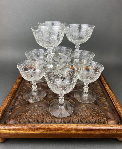 Fostoria Low Sherbet Glasses.  Etched Meadow Rose Motif.  Set of Ten Vintage Wine or Dessert Glasses. - Tampa Home & Garden Store