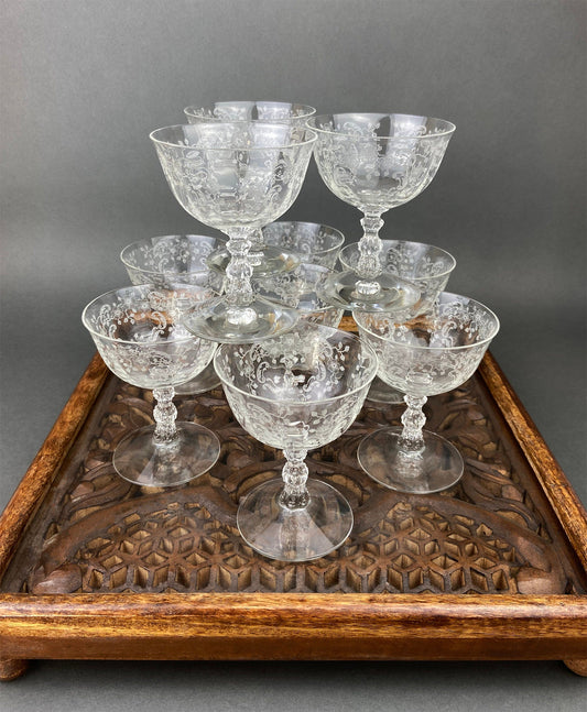 Fostoria Low Sherbet Glasses.  Etched Meadow Rose Motif.  Set of Ten Vintage Wine or Dessert Glasses. - Tampa Home & Garden Store