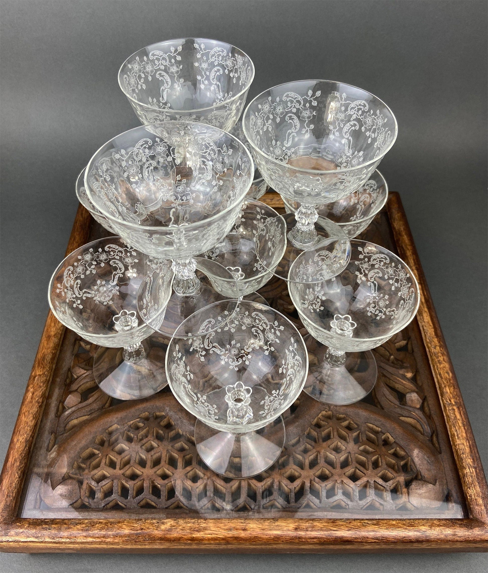 Fostoria Low Sherbet Glasses.  Etched Meadow Rose Motif.  Set of Ten Vintage Wine or Dessert Glasses. - Tampa Home & Garden Store