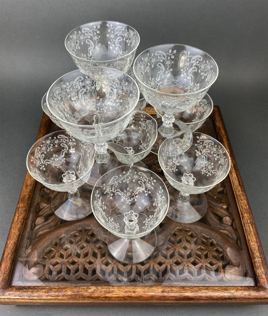 Fostoria Low Sherbet Glasses.  Etched Meadow Rose Motif.  Set of Ten Vintage Wine or Dessert Glasses. - Tampa Home & Garden Store