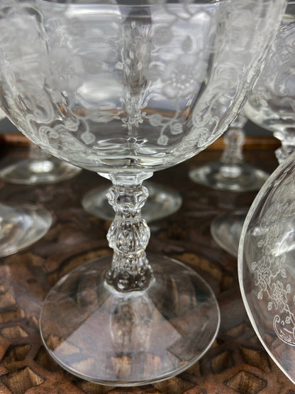 Fostoria Low Sherbet Glasses.  Etched Meadow Rose Motif.  Set of Ten Vintage Wine or Dessert Glasses. - Tampa Home & Garden Store