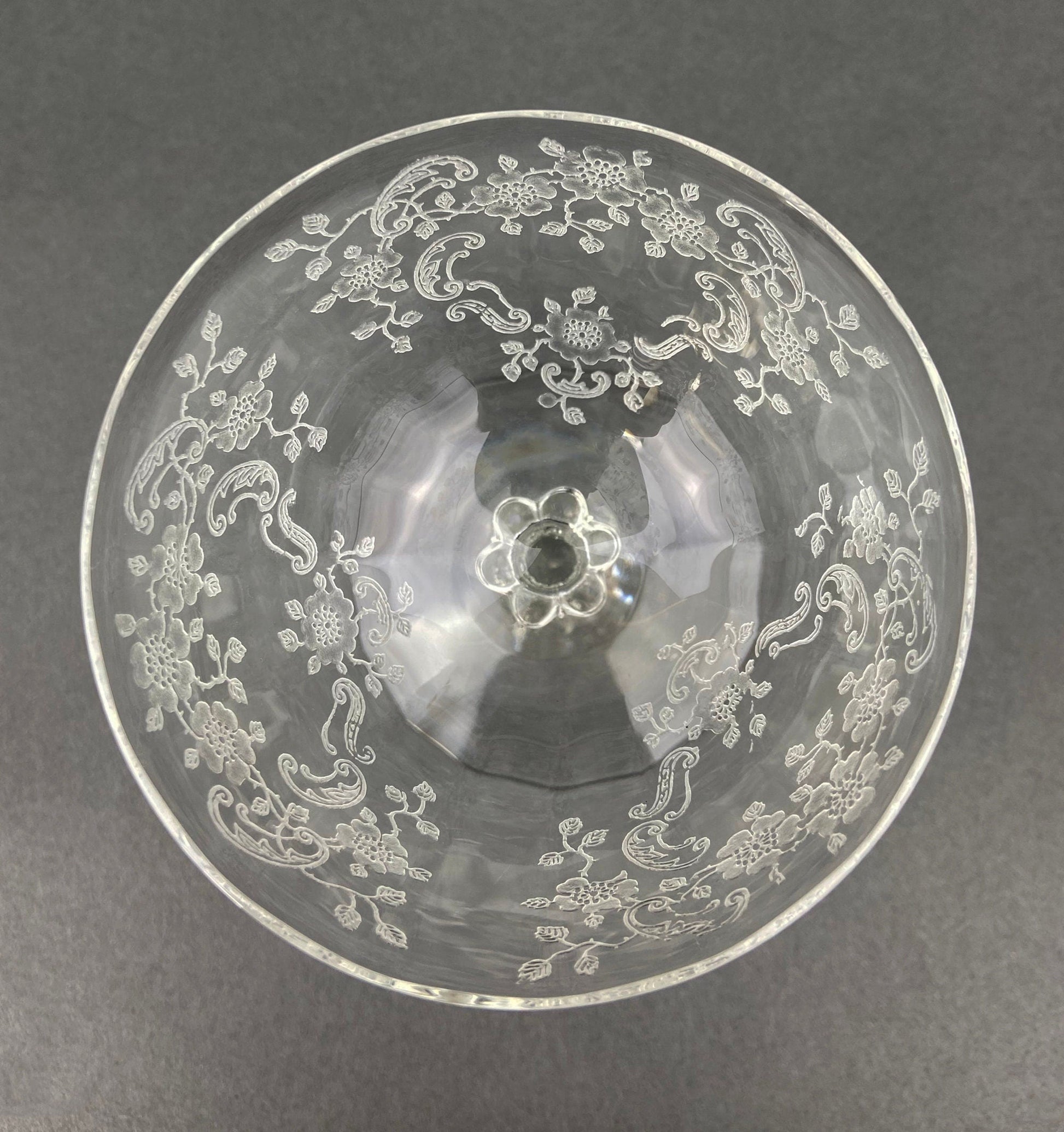 Fostoria Low Sherbet Glasses.  Etched Meadow Rose Motif.  Set of Ten Vintage Wine or Dessert Glasses. - Tampa Home & Garden Store