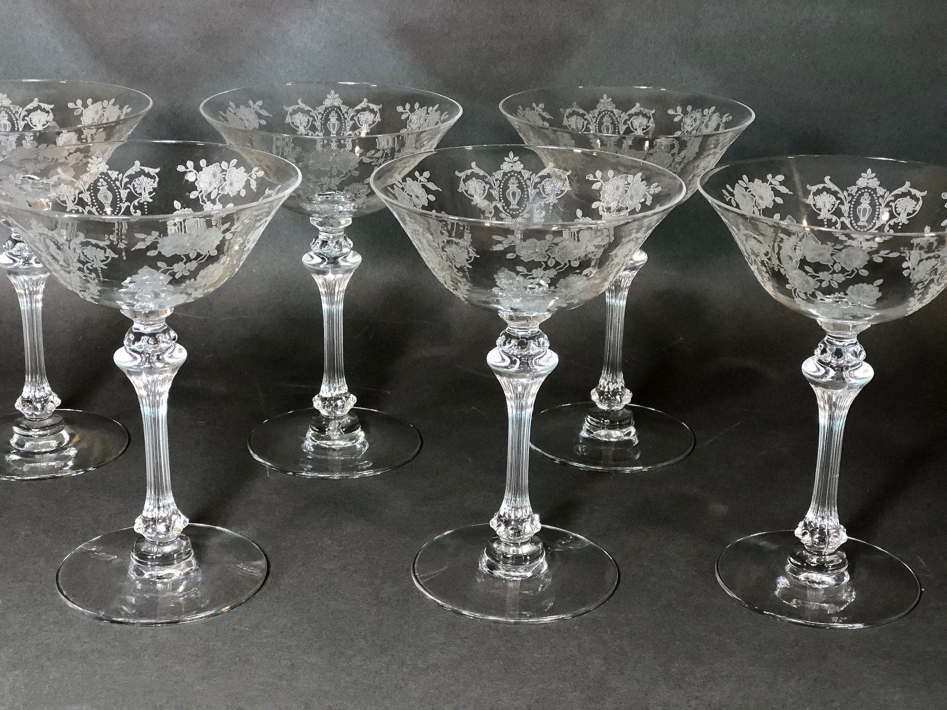 Fostoria Low Sherbet Glasses.  Etched Meadow Rose Motif.  Set of Ten Vintage Wine or Dessert Glasses. - Tampa Home & Garden Store