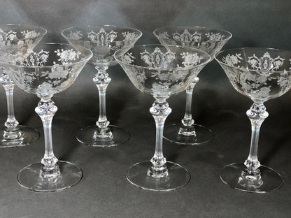 Fostoria Low Sherbet Glasses.  Etched Meadow Rose Motif.  Set of Ten Vintage Wine or Dessert Glasses. - Tampa Home & Garden Store