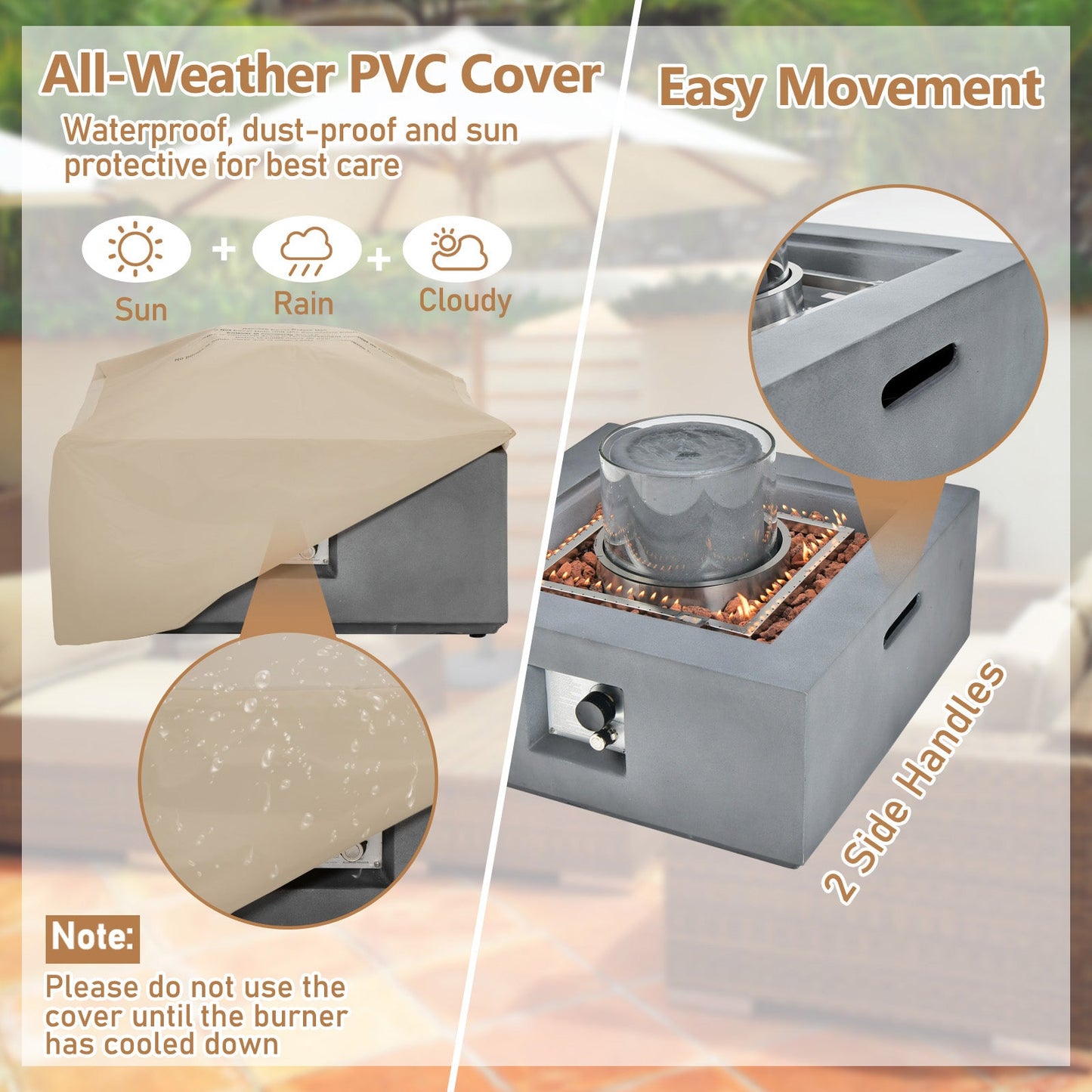 Hoguera cuadrada de propano para patio de 28 pulgadas y 50000 BTU con cubierta de PVC-Gris
