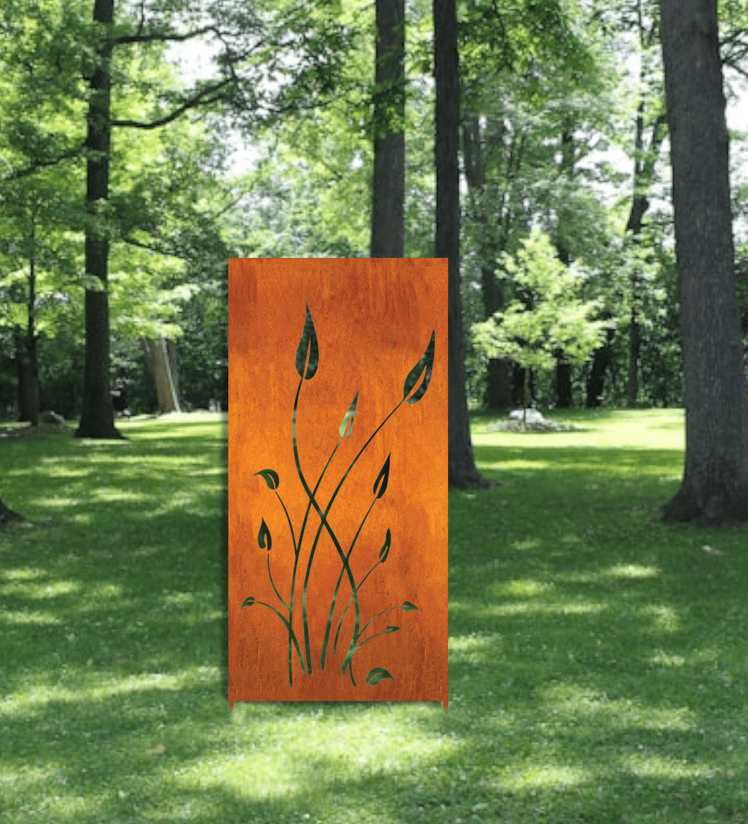 Outdoor metal wall art panel 46-inch tall orange-brown with black vine leaf motif by Rustica Ornamentals on Tampa Home & Garden Store