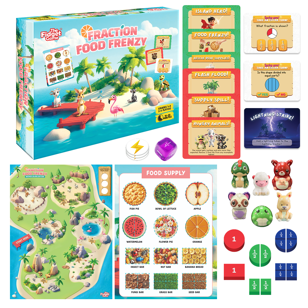 Fraction Food Frenzy board game by The Fidget Games with island art, cards, dice and tokens on Tampa Home & Garden Store