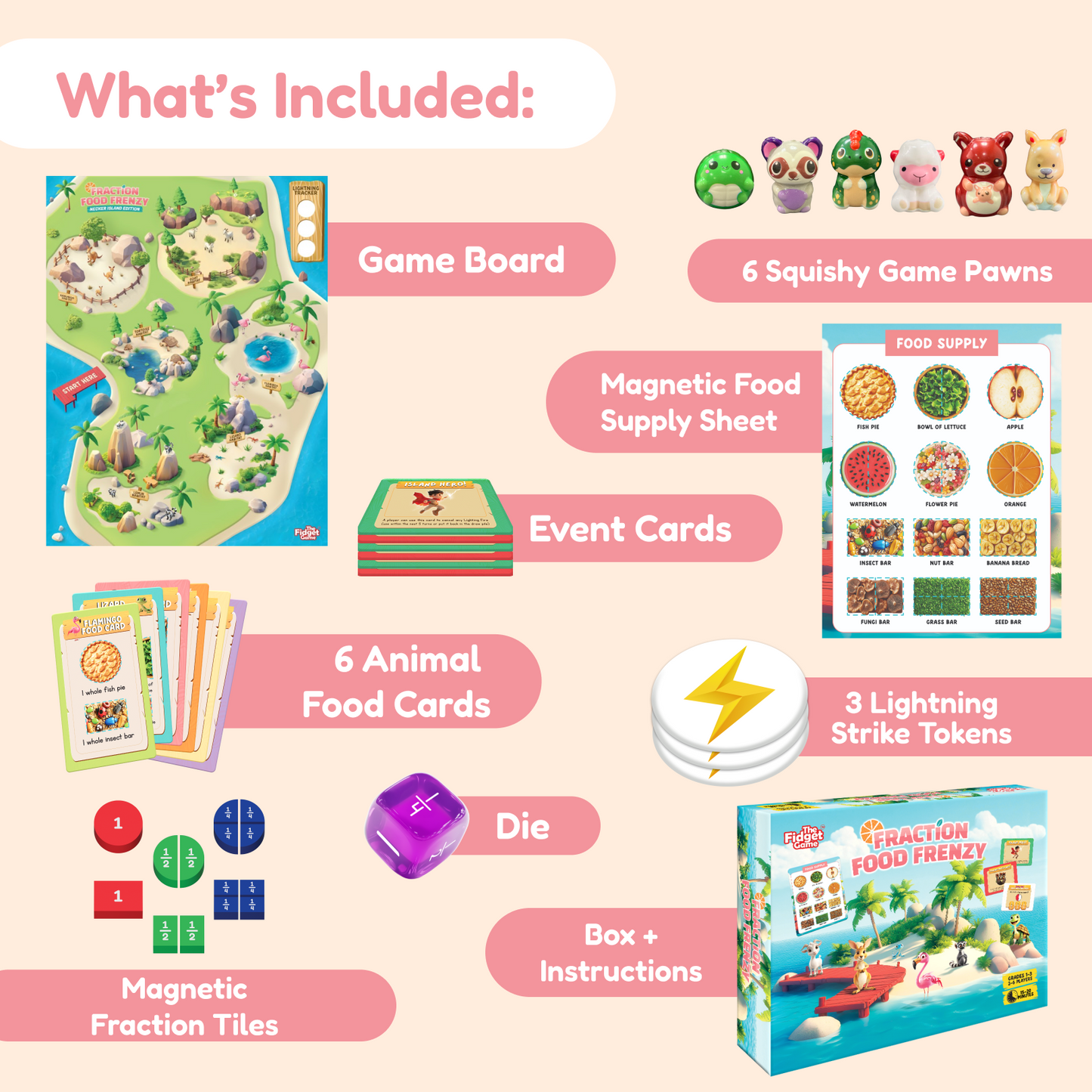 Fraction Food Frenzy board game by The Fidget Games; includes board and 6 squishy pawns on Tampa Home & Garden Store