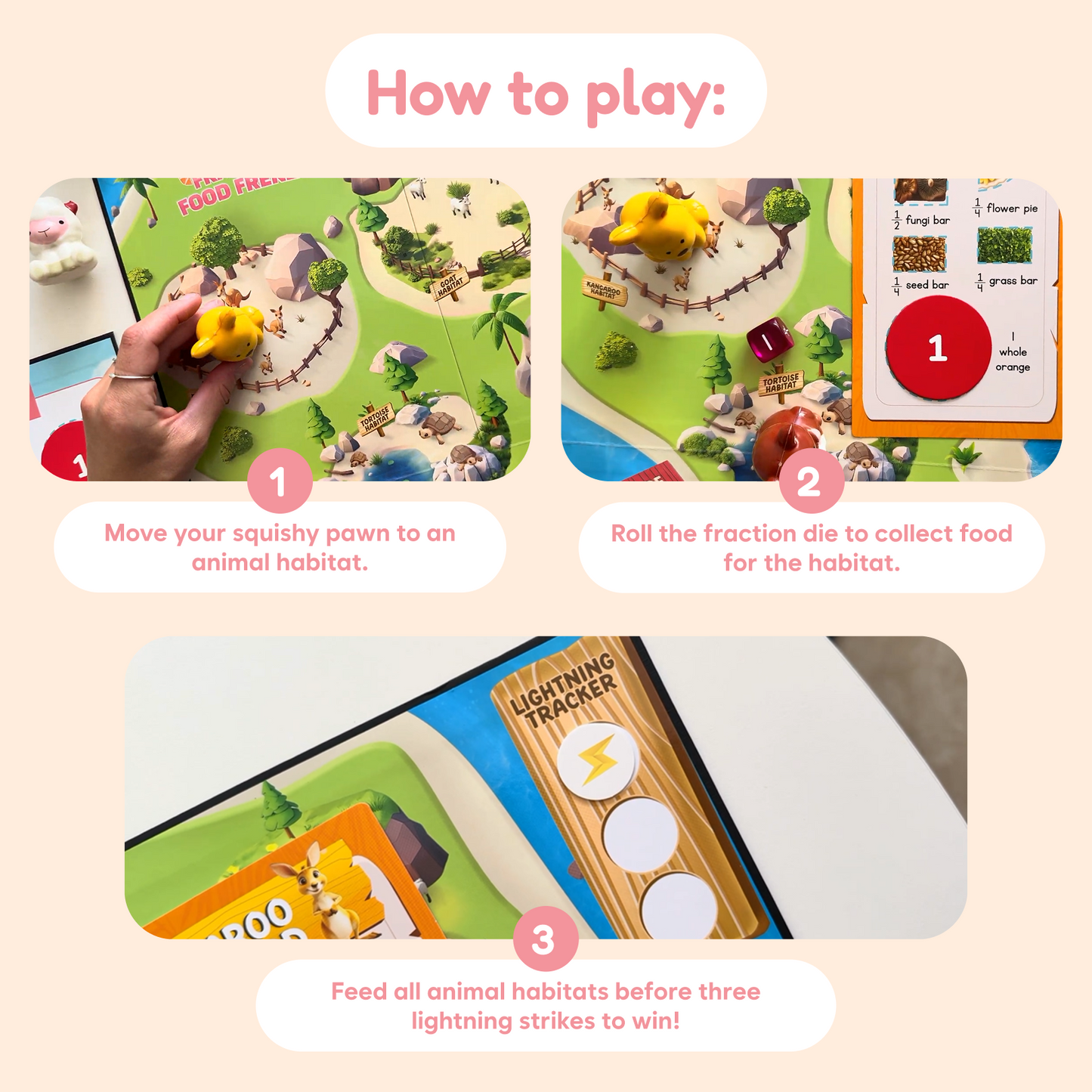 Fraction Food Frenzy board game yellow pawn on green habitat board with fraction die on Tampa Home & Garden Store