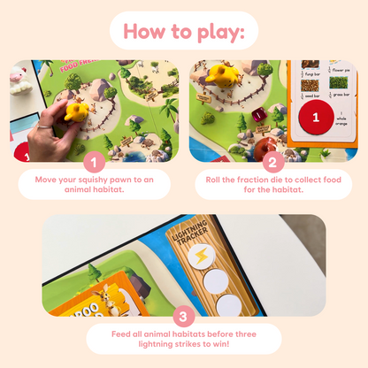 Fraction Food Frenzy board game yellow pawn on green habitat board with fraction die on Tampa Home & Garden Store