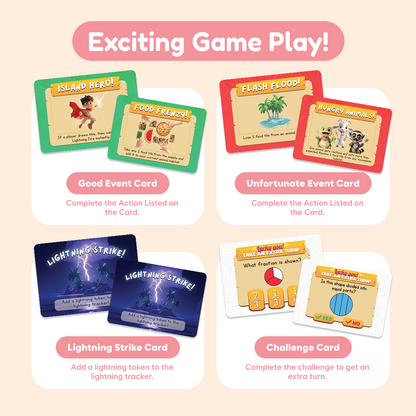 Fraction Food Frenzy educational game by The Fidget Games with four event cards shown on Tampa Home & Garden Store