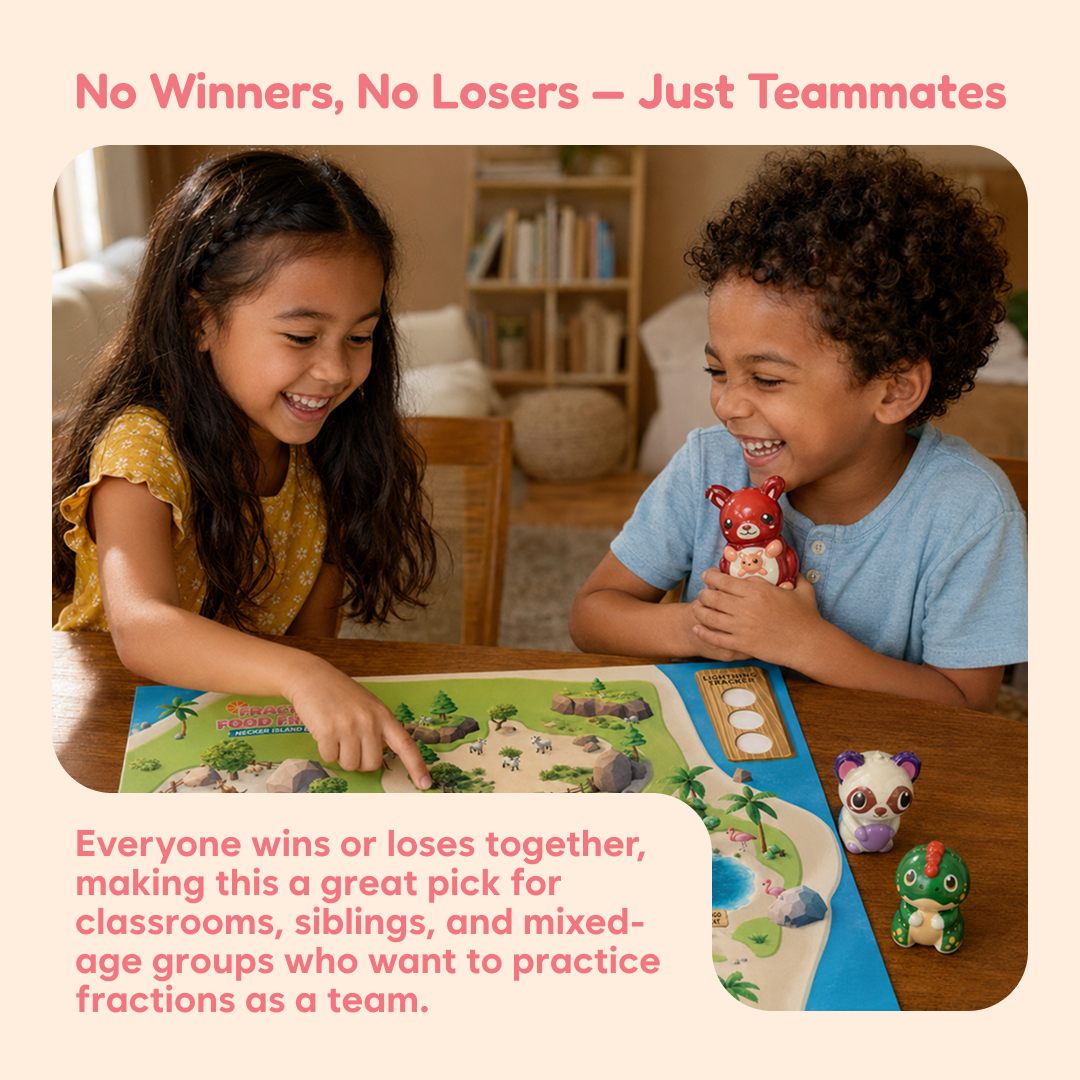 Fraction Food Frenzy board game by The Fidget Games with two kids playing on a map board on Tampa Home & Garden Store
