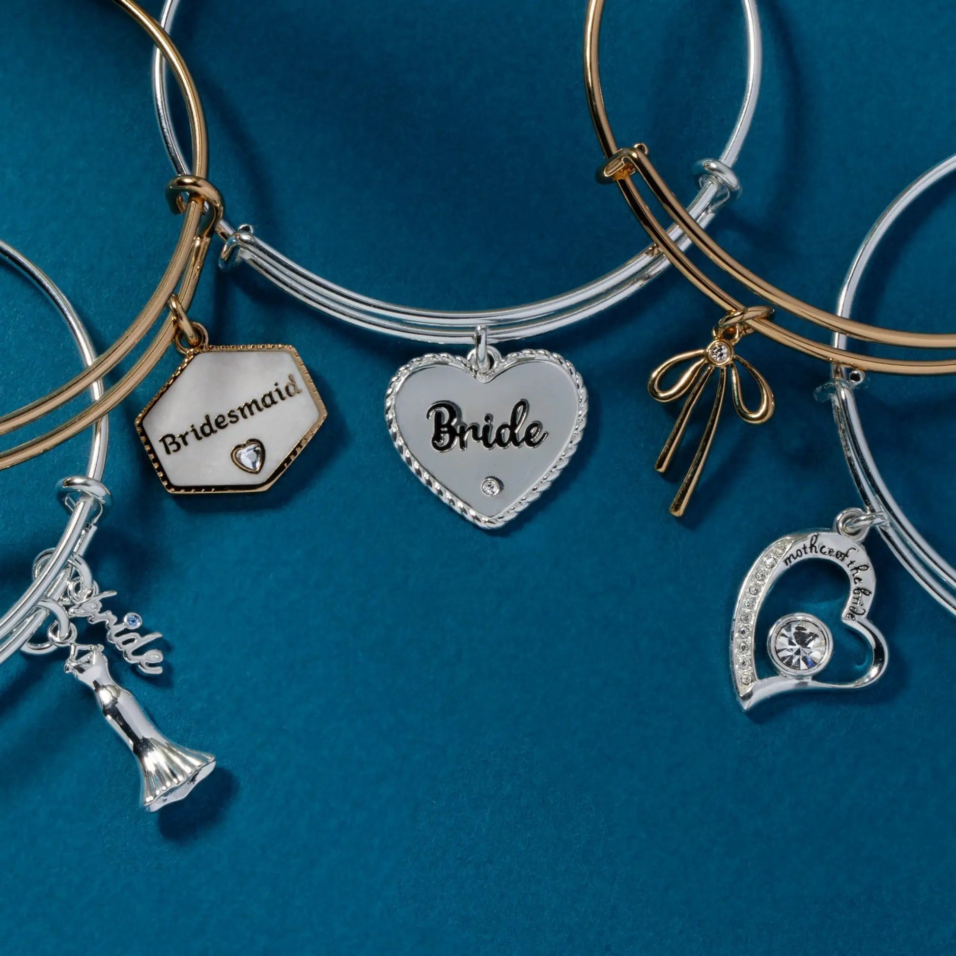 Bridal Gown Duo Charm Bangle by ALEX AND ANI; silver and gold-tone bracelets with Bride charm on Tampa Home & Garden Store