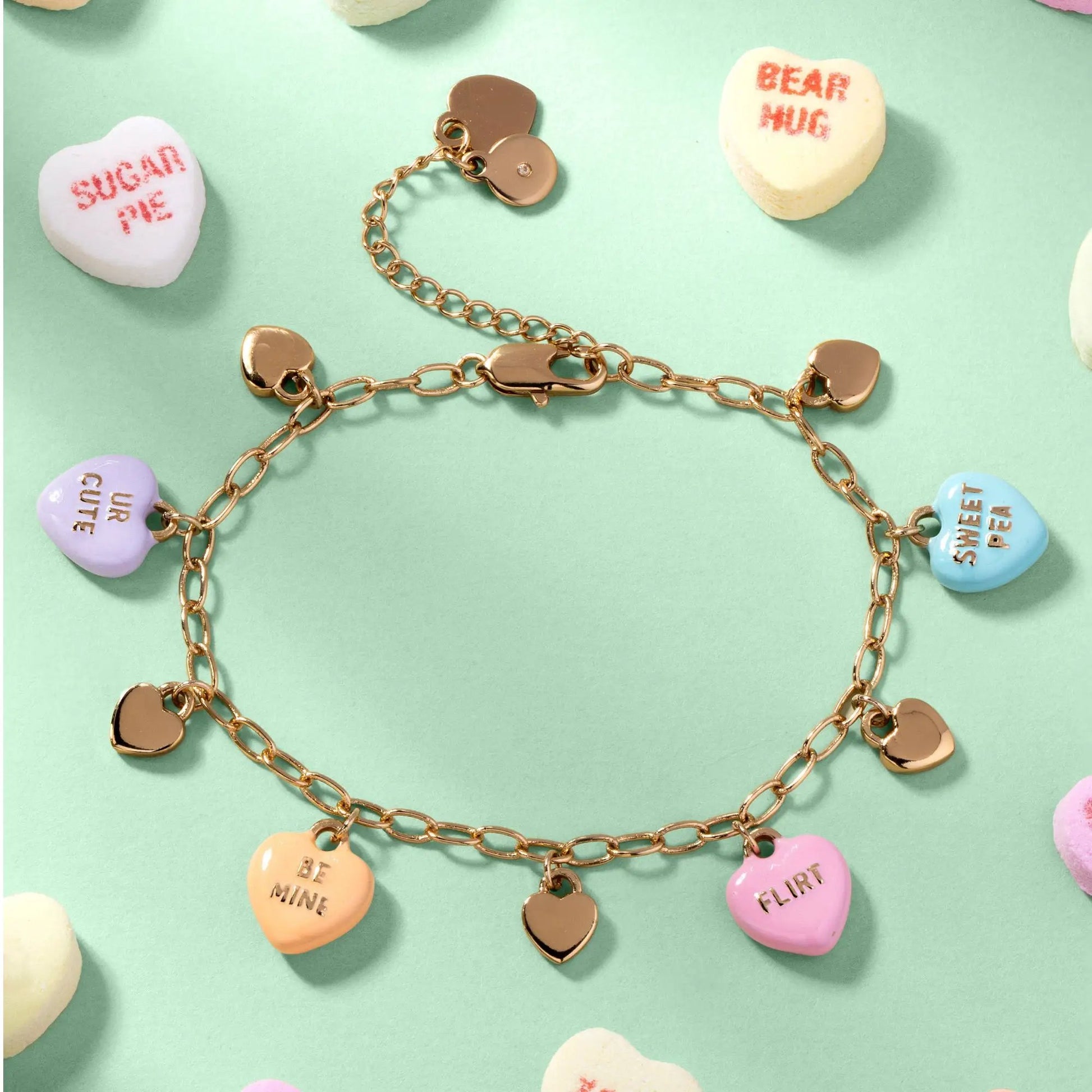 Sweethearts Multi-Charm Bracelet by ALEX AND ANI with gold chain and pastel heart charms on Tampa Home & Garden Store