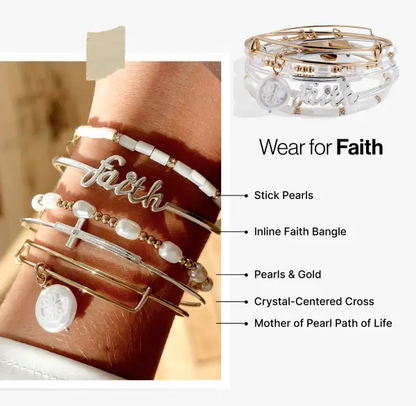 Faith Bracelets Set of 5 by ALEX AND ANI, gold and pearl stackables with Faith charm on Tampa Home & Garden Store