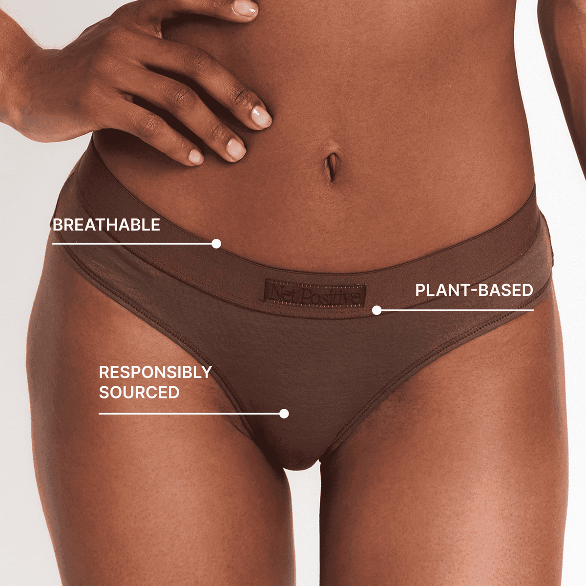 Mid-Rise hemp plant-based brief by Net Positive in brown with waistband branding on Tampa Home & Garden Store