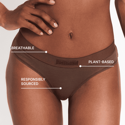 Mid-Rise hemp plant-based brief by Net Positive in brown with waistband branding on Tampa Home & Garden Store