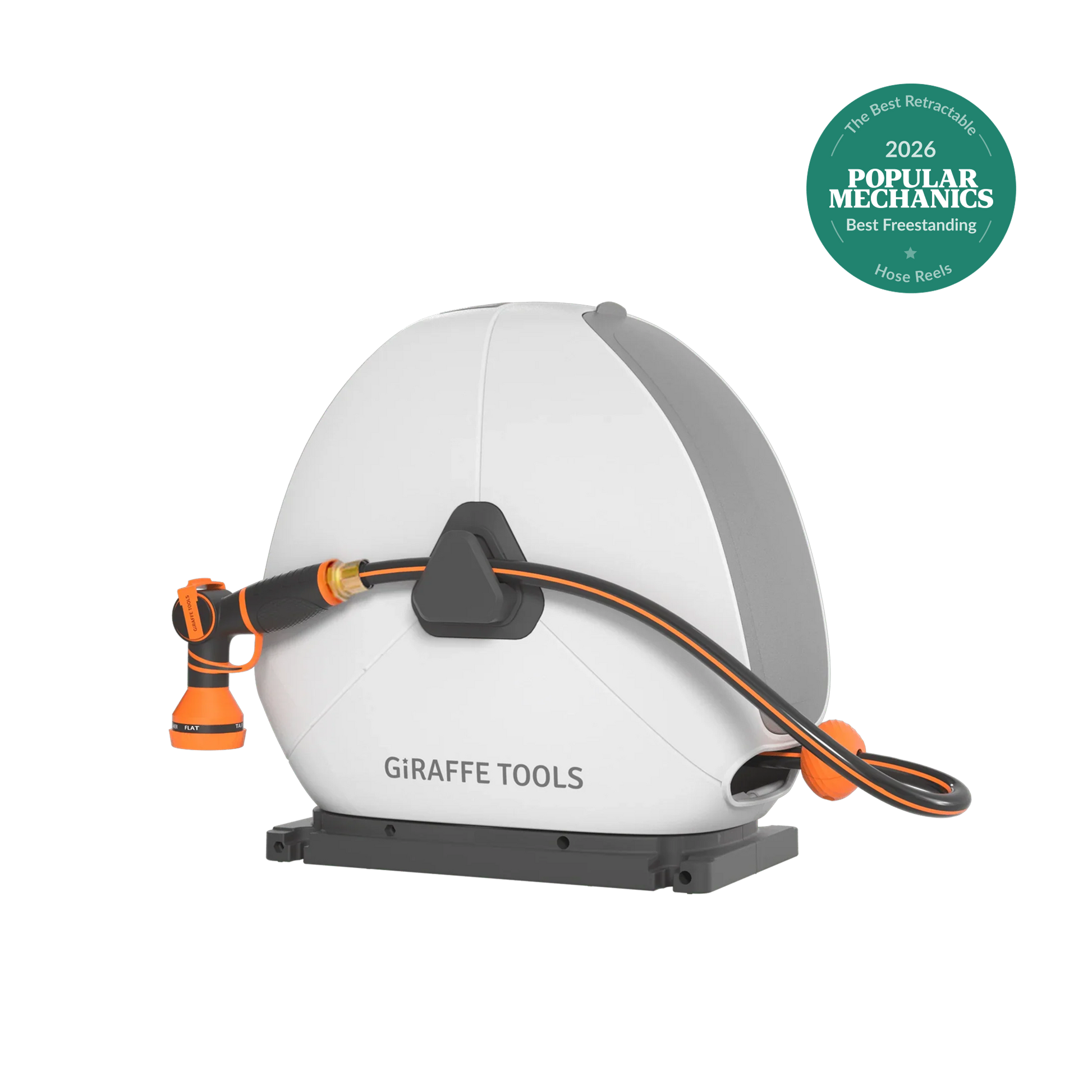 Ground-mounted retractable hose reel 82 ft by Giraffe Tools with orange hose on Tampa Home & Garden Store