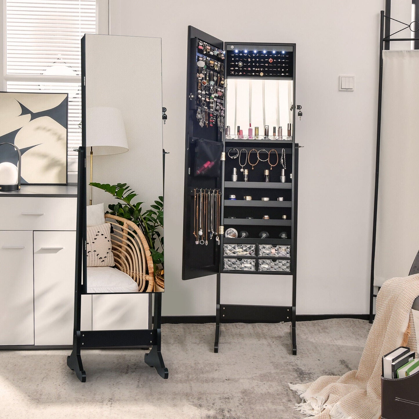 Free Standing Full Length Jewelry Armoire with Lights-Black