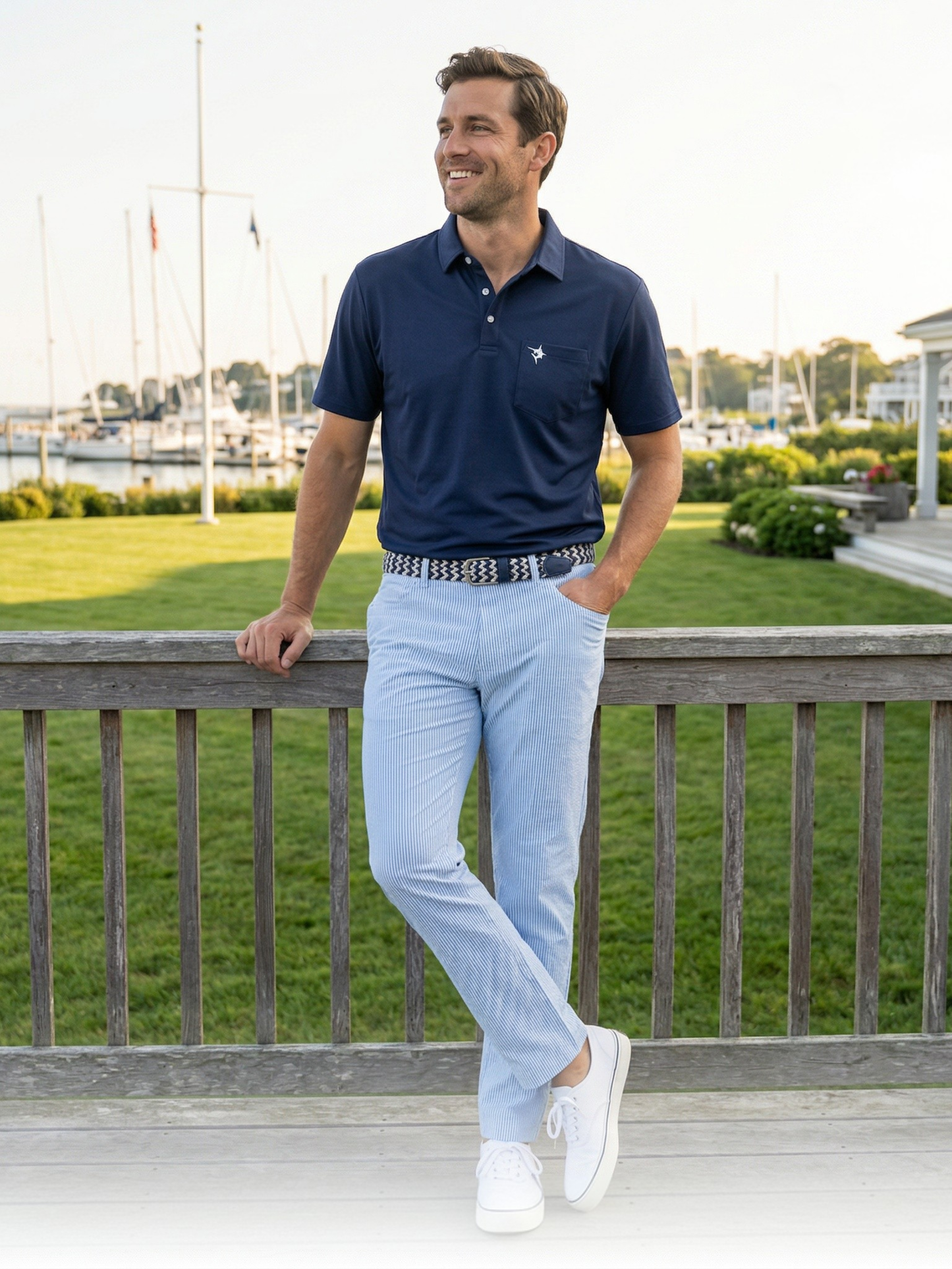 Freeport Pant Versatile Performance, light blue striped pants with white sneakers by marina on Tampa Home & Garden Store