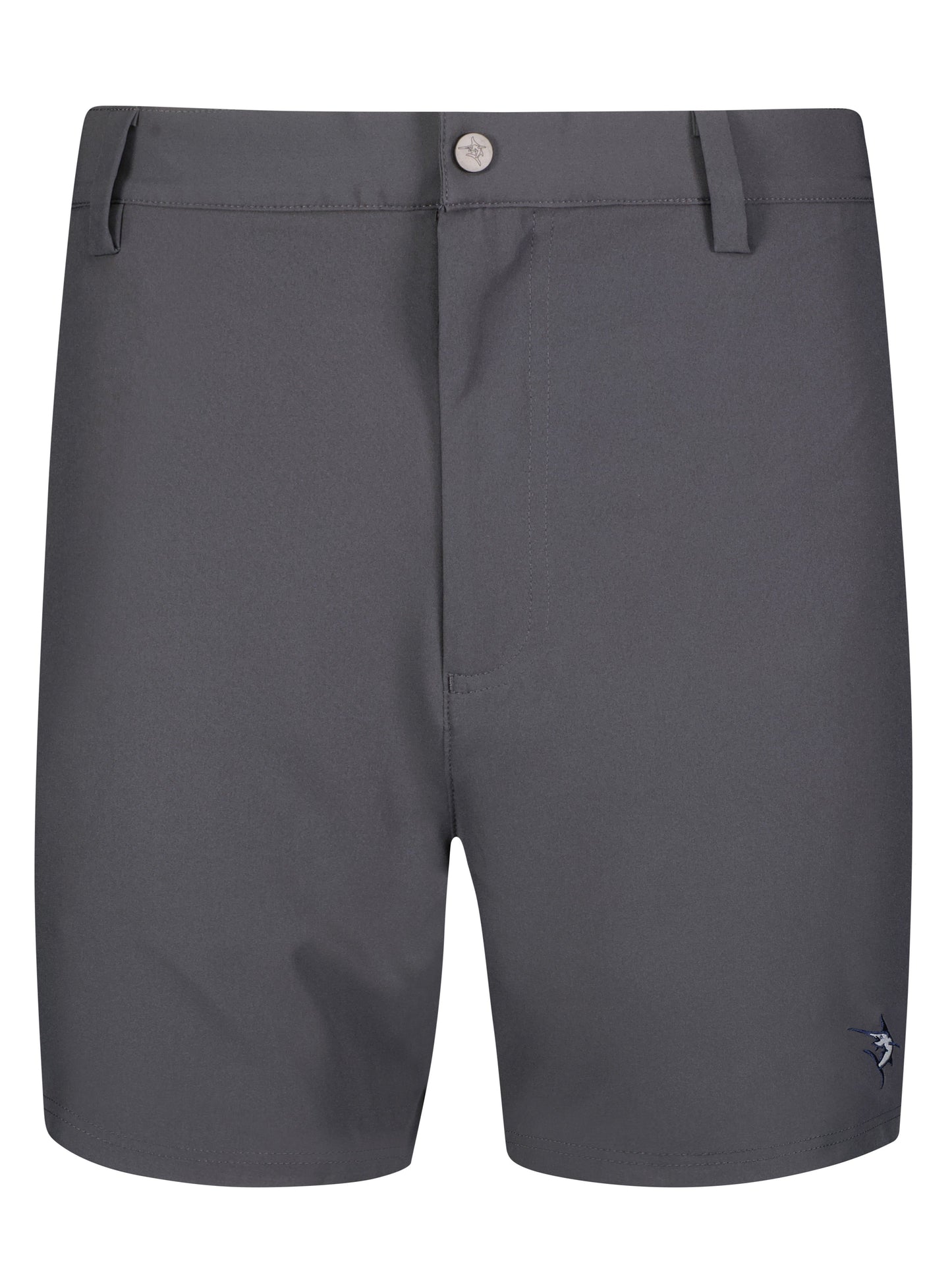 Freeport Short Effortless Performance charcoal gray shorts with belt loops and logo embroidery on leg on Tampa Home & Garden Store