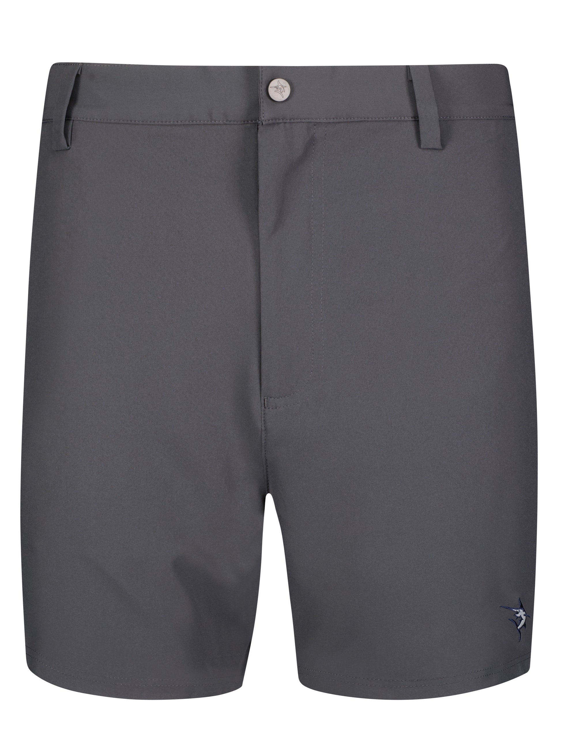 Freeport Short Effortless Performance charcoal gray shorts with belt loops and logo embroidery on leg on Tampa Home & Garden Store
