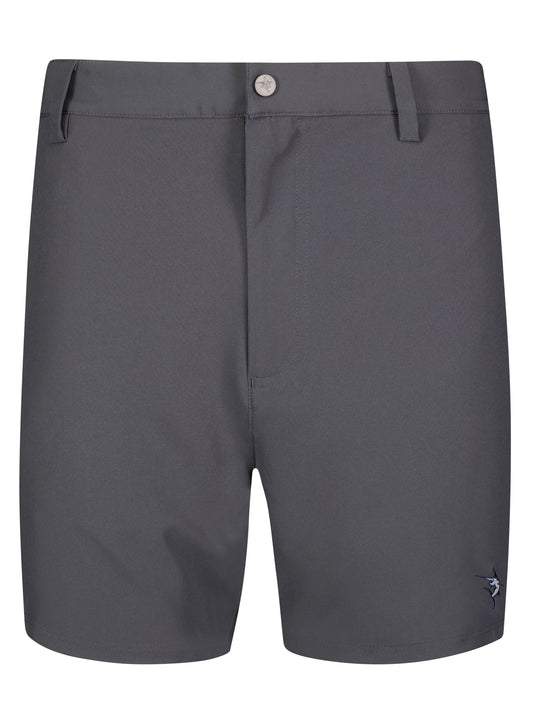 Freeport Short Effortless Performance charcoal gray shorts with belt loops and logo embroidery on leg on Tampa Home & Garden Store