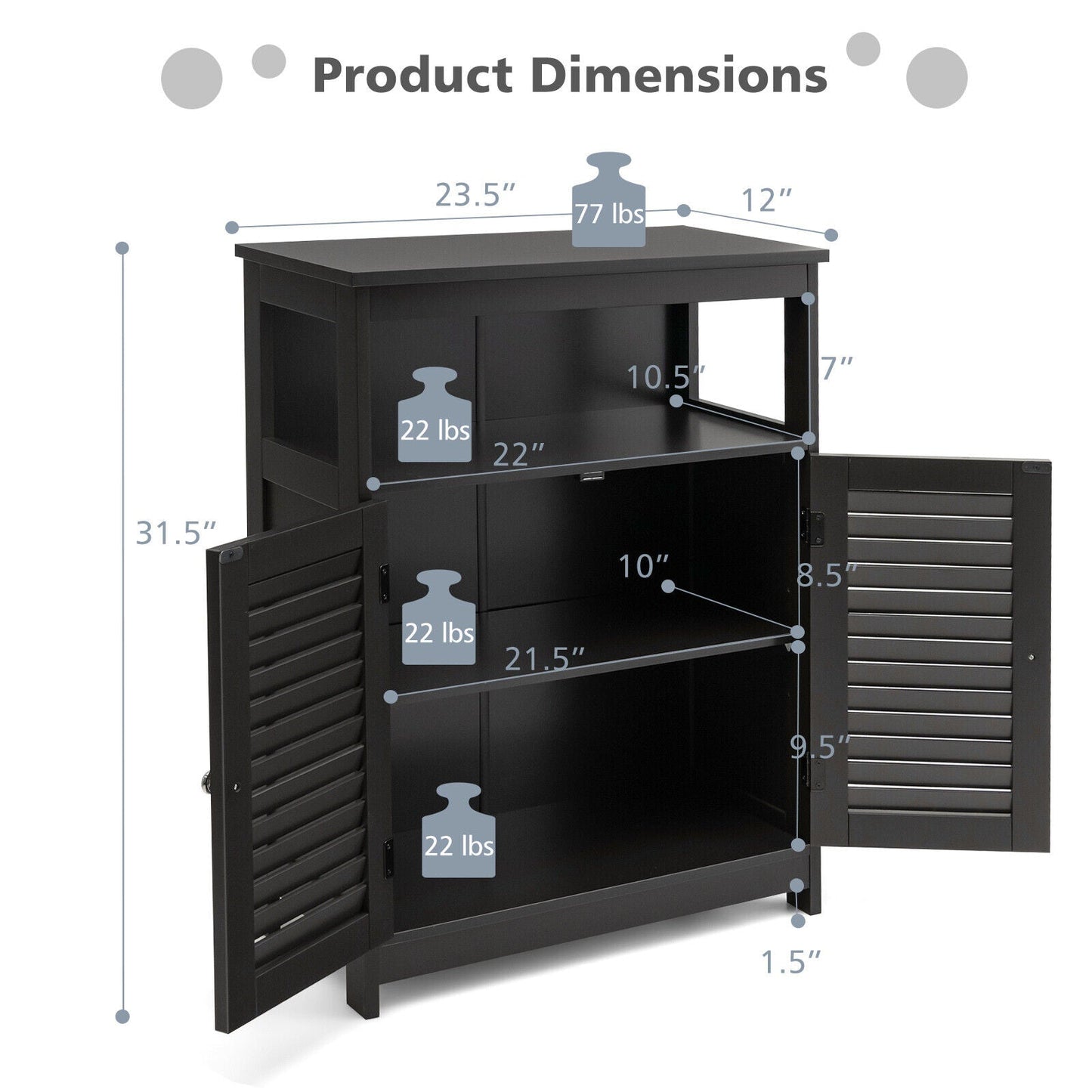 Mueble de baño de madera independiente con puerta doble persiana - Negro