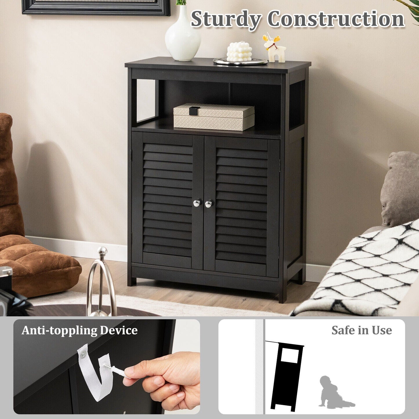 Mueble de baño de madera independiente con puerta doble persiana - Negro