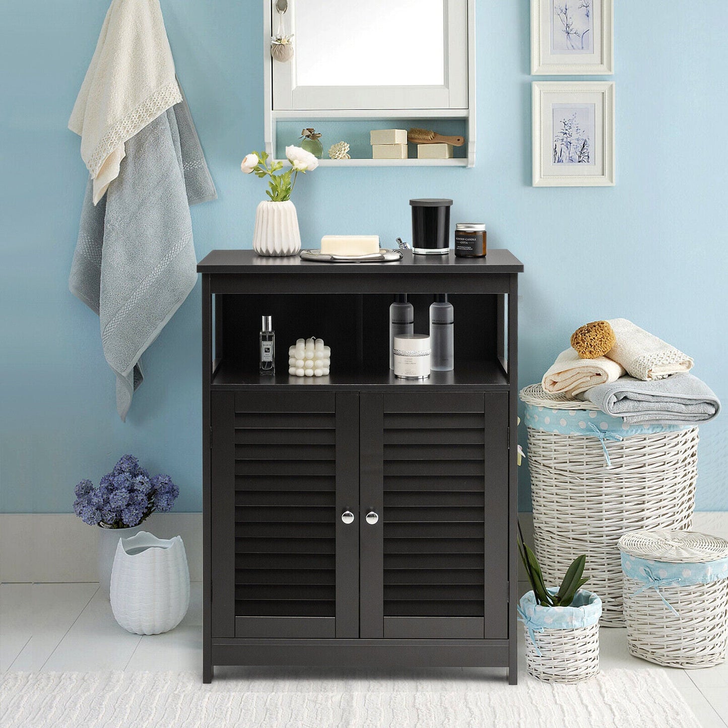 Mueble de baño de madera independiente con puerta doble persiana - Negro