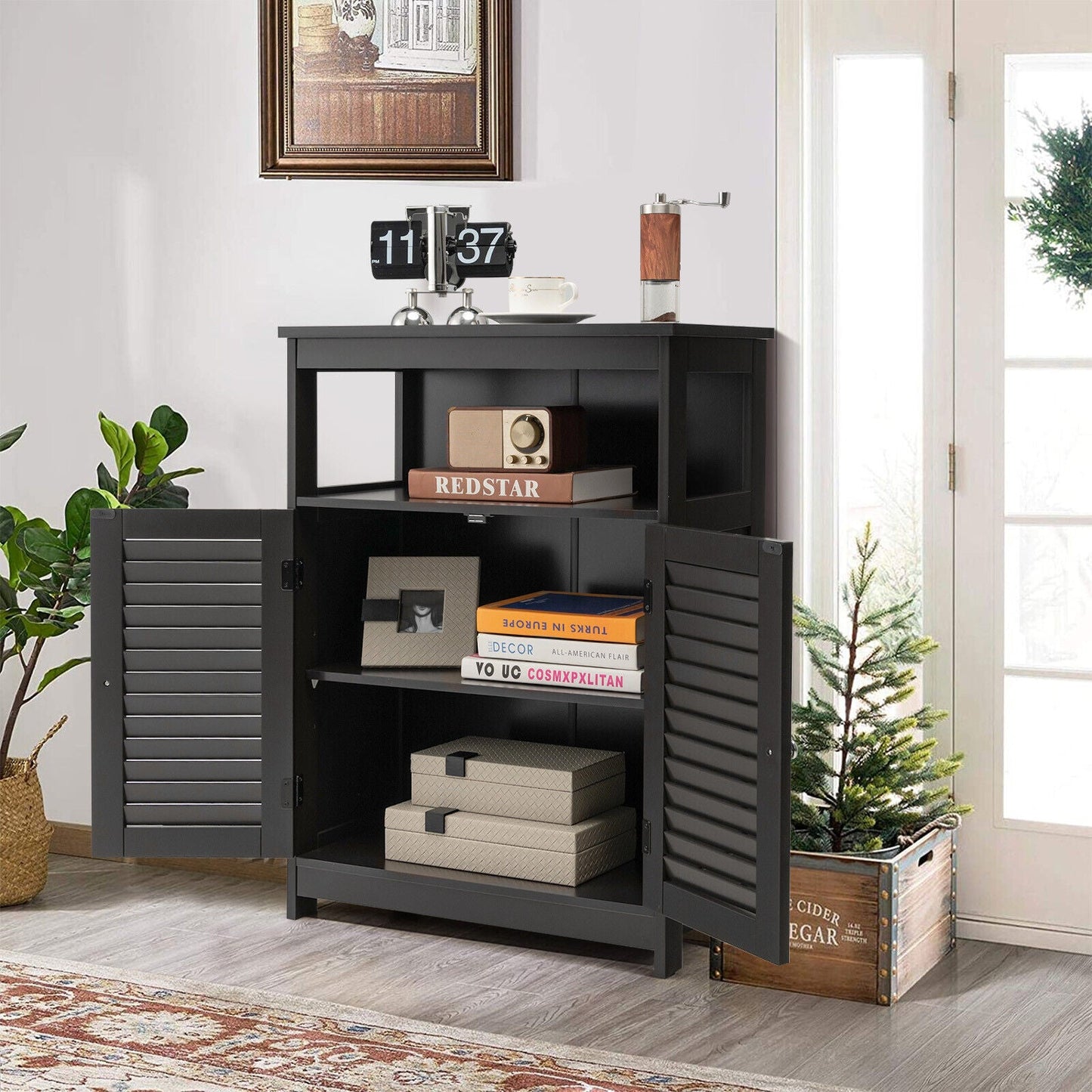 Mueble de baño de madera independiente con puerta doble persiana - Negro