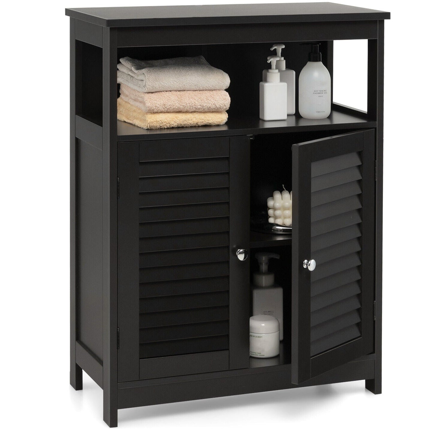 Mueble de baño de madera independiente con puerta doble persiana - Negro