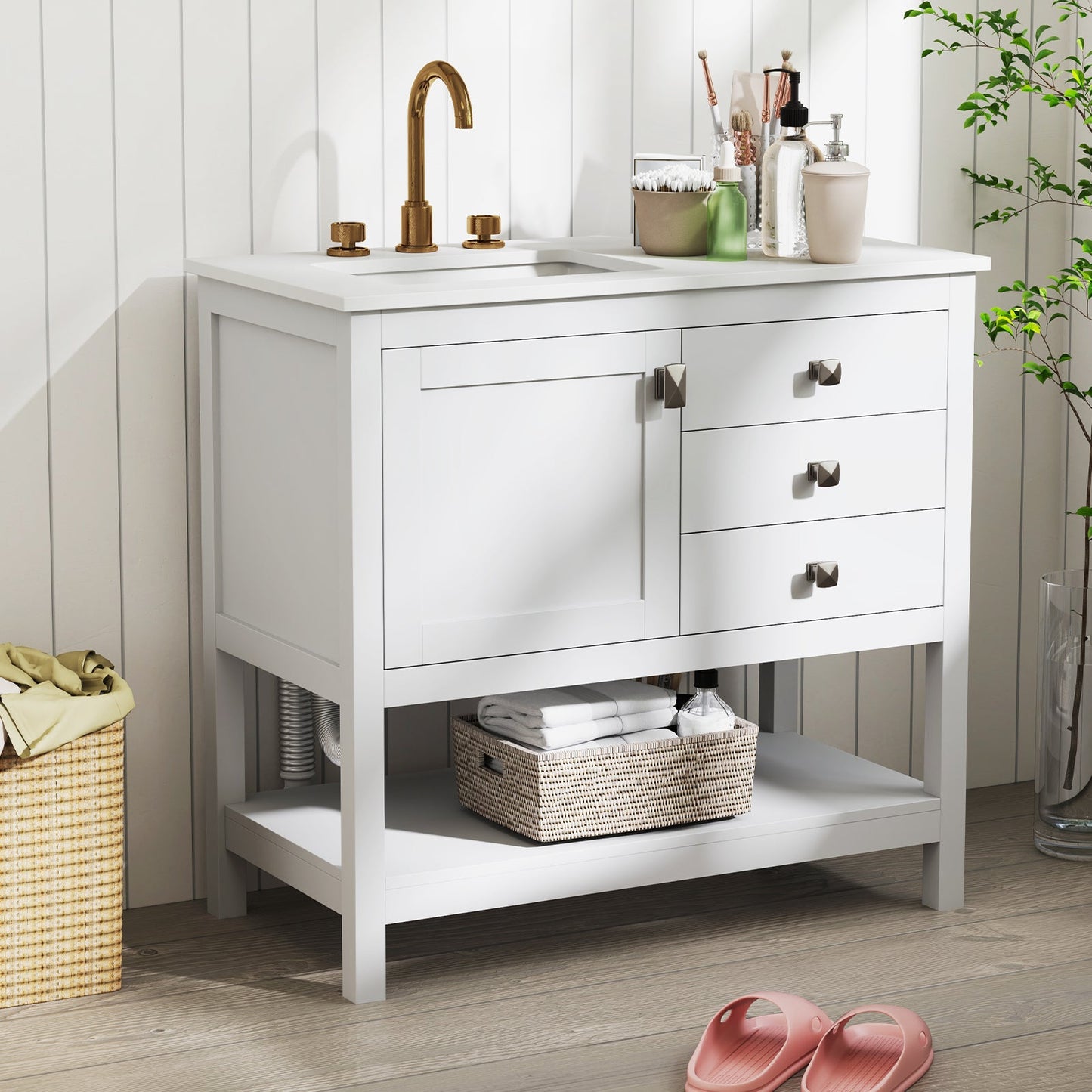 Mueble de baño independiente con lavabo y armario de almacenamiento - Blanco