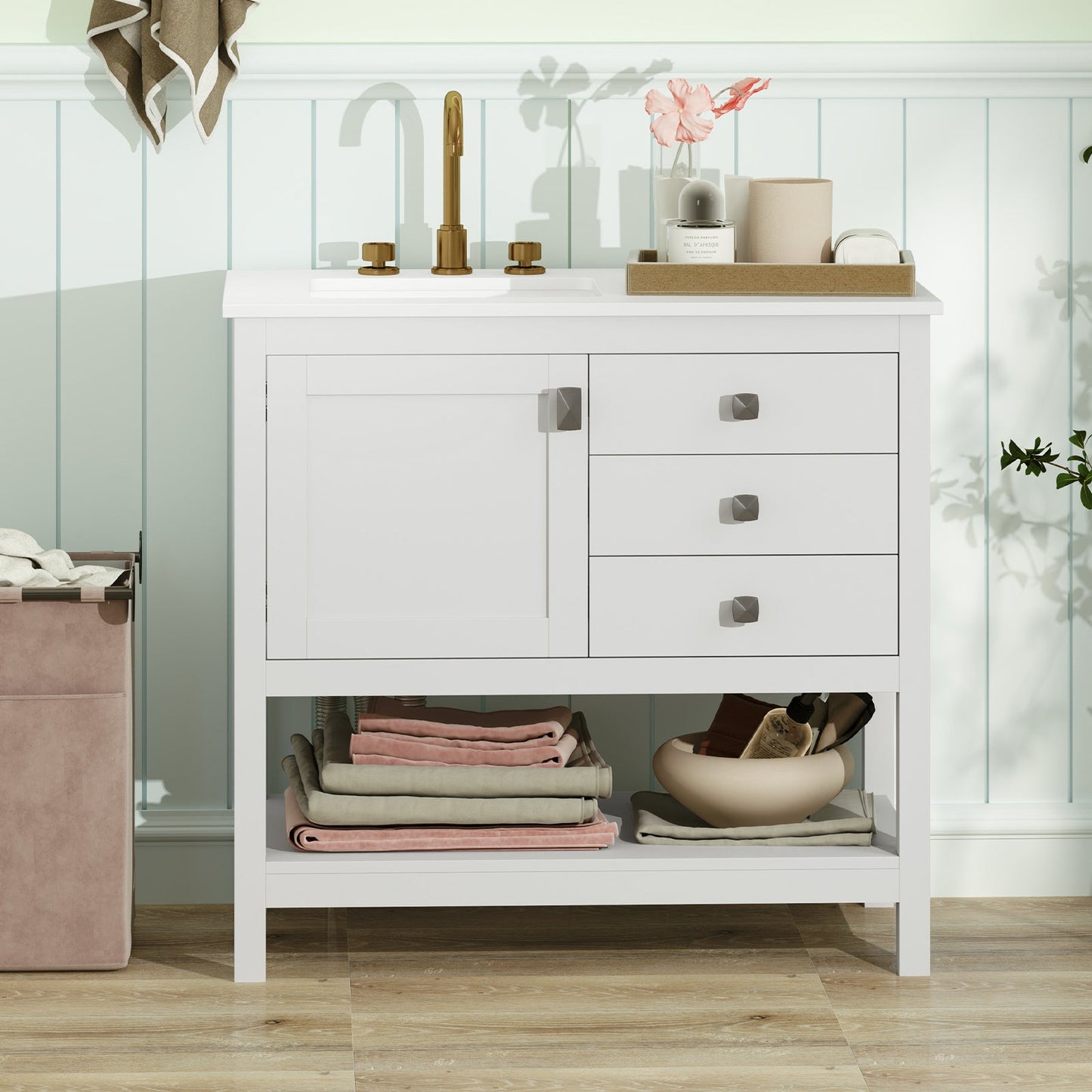 Mueble de baño independiente con lavabo y armario de almacenamiento - Blanco