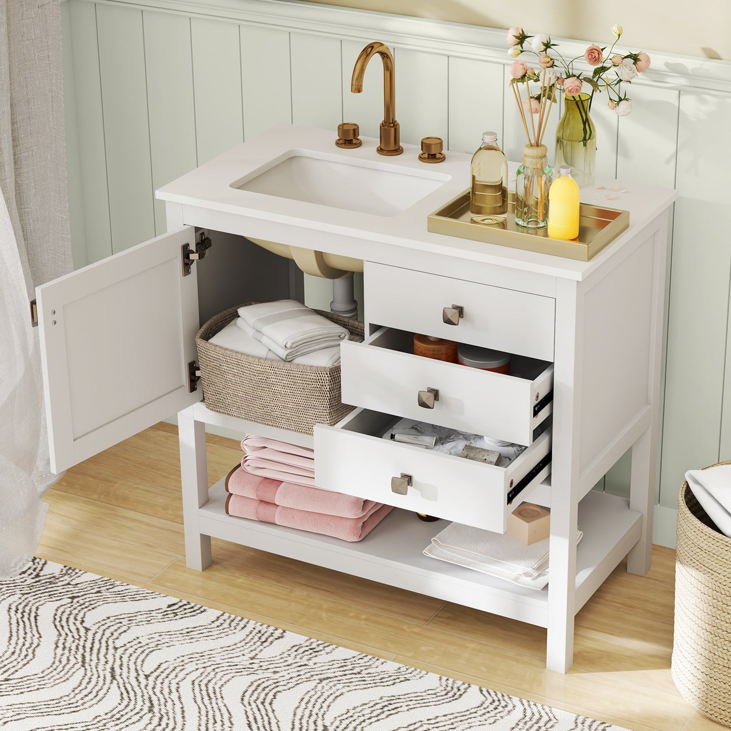 Mueble de baño independiente con lavabo y armario de almacenamiento - Blanco