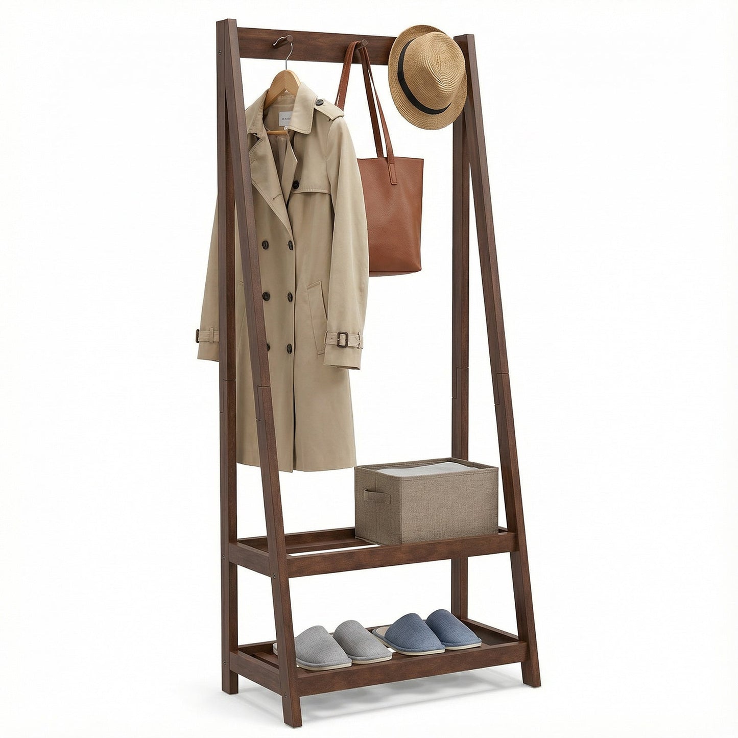 Freestanding Clothes Rack with 3 Hooks and 2 Shelves-Walnut