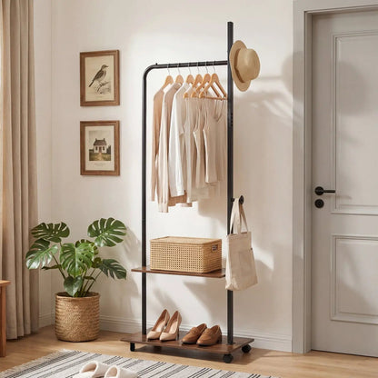 Freestanding Clothes Rack with Wheels and Shelves