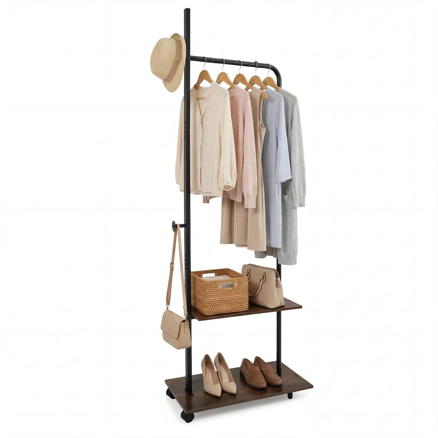 Freestanding Clothes Rack with Wheels and Shelves
