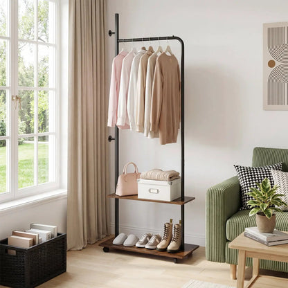 Freestanding Clothes Rack with Wheels and Shelves