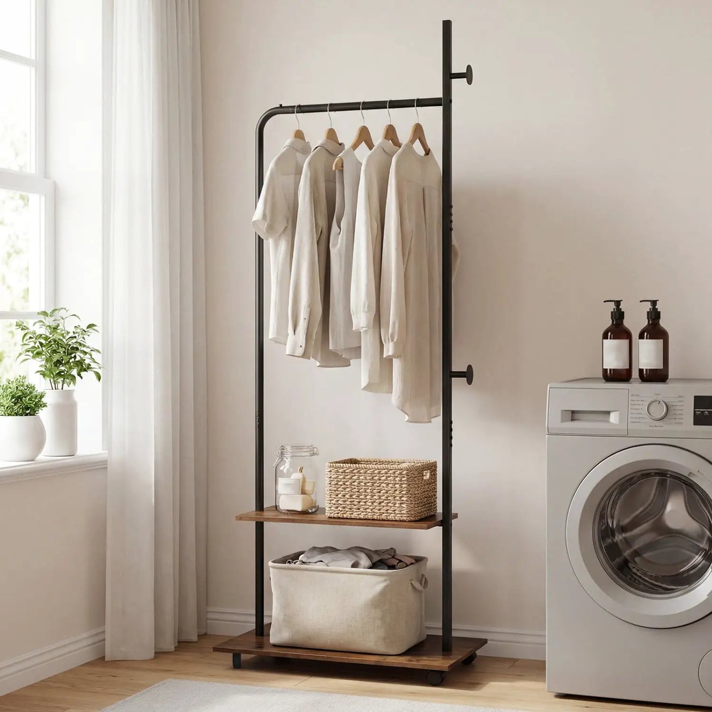 Freestanding Clothes Rack with Wheels and Shelves