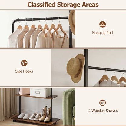 Freestanding Clothes Rack with Wheels and Shelves