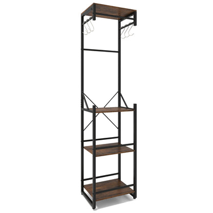 Freestanding Coat Rack with 4 Storage Shelves and 6 Hooks-Rustic Brown