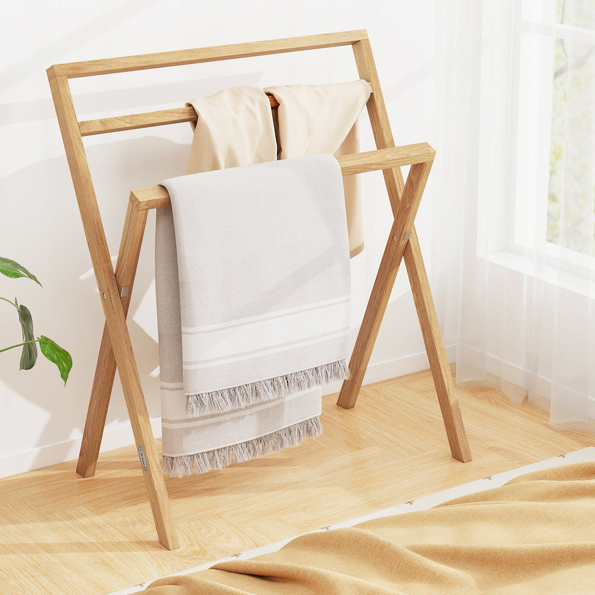 DirectDeals teak wood freestanding foldable towel rack with 3 crossbars on Tampa Home & Garden Store